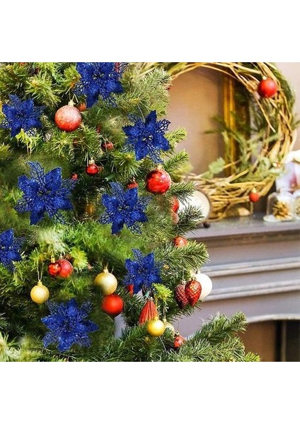 (Kraliyet Mavi) 24 Adet Noel Glitter Poinsettia Yapay Çiçekler, Kraliyet Mavisi