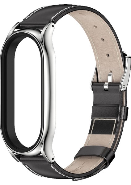 Xiaomi Mi Band 7 - 7 Nfc Için Hakiki Deri Saat Kayışı - Siyah - Gümüş (Yurt Dışından)