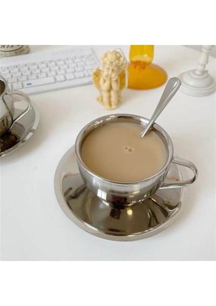 Paslanmaz Çelik Kahve Fincanı Tabağı Kaşık Seti Isıya DAYANIKLI180ML Bardak Kahve Sürahi Süt Çay Bardağı Ofis Su Kupalar Drinkware | Kupalar (Yurt Dışından)