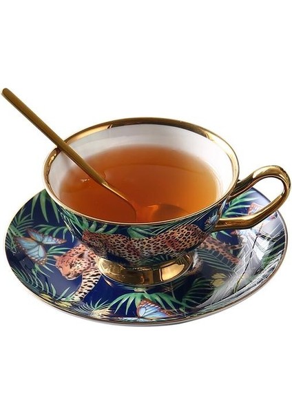 Vintage Kemik Çini Altın Jant Kahve Fincanı ve Tabağı Seti Leopar Orman Çita Kupa Ingiliz Öğleden Sonra Çay Fincanı Ev Drinkware Hediye | Kahve Fincanı ve tabak Setleri (Yurt Dışından)