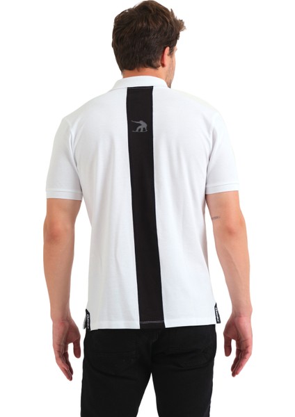 Polo Yaka %100 Pamuk Sırt Siyah Şeritli Reflektör Logo Baskılı Kısa Kol Beyaz Erkek Tişört modelleri