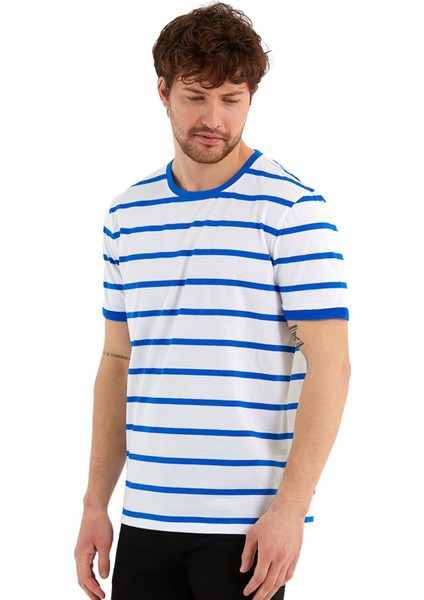 Bisiklet Yaka Ringel Örgü Kısa Kol Mavi Çizgili T-Shirt