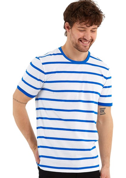 Bisiklet Yaka Ringel Örgü Kısa Kol Mavi Çizgili T-Shirt fiyatları