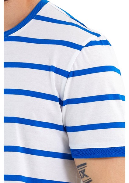 Bisiklet Yaka Ringel Örgü Kısa Kol Mavi Çizgili T-Shirt modelleri