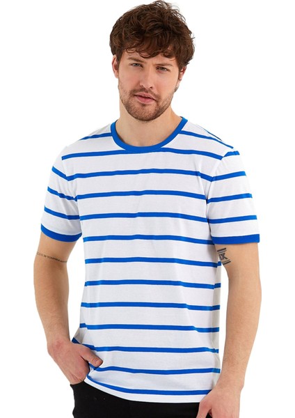 Bisiklet Yaka Ringel Örgü Kısa Kol Mavi Çizgili T-Shirt fırsatları