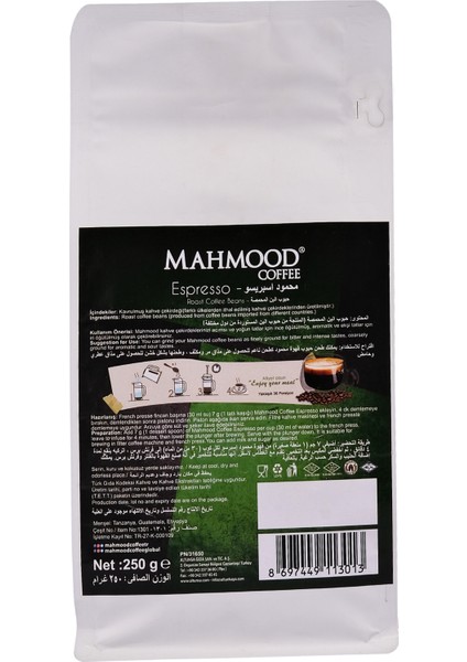 Mahmood Coffee Kavrulmuş Espresso Kahve Çekirdekleri 250 gr