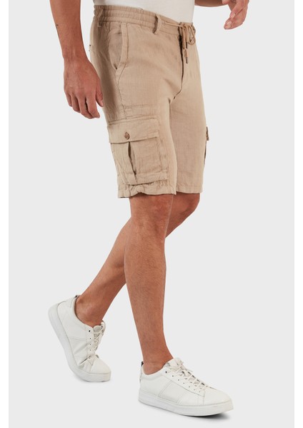 Belden Bağlamalı Cepli Regular Fit % 100 Keten Short Erkek Short 630JURIŞORT