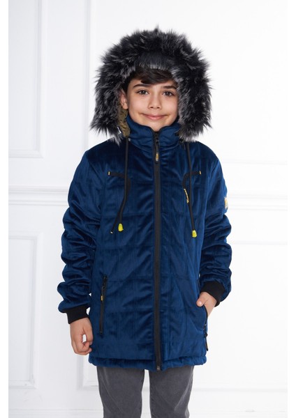 Mavi Erkek Çocuk Su ve Rüzgar Geçirmez Çıkartılabilir Kapüşonlu Kadife Mont & Kaban fiyatları