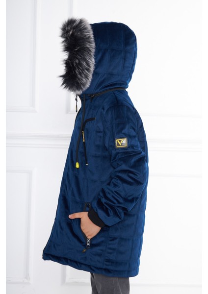 Mavi Erkek Çocuk Su ve Rüzgar Geçirmez Çıkartılabilir Kapüşonlu Kadife Mont & Kaban modelleri