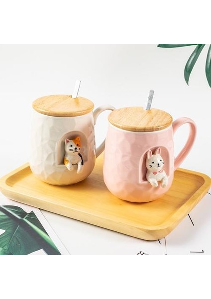 430 ml Sevimli Hayvanlar Kabartma Seramik Kupa Kapak ve Kaşık Kahve Süt Çay Kolu Kupası Yenilik Hediyeler | Kupalar (Pembe) (Yurt Dışından) fırsatları