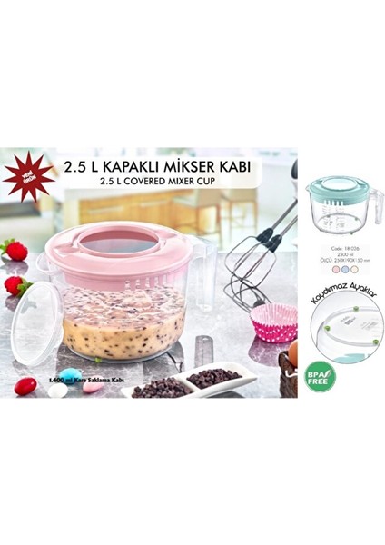 2500ML Kapaklı Mikser Kabı (Kaymaz Ayaklı) fiyatları