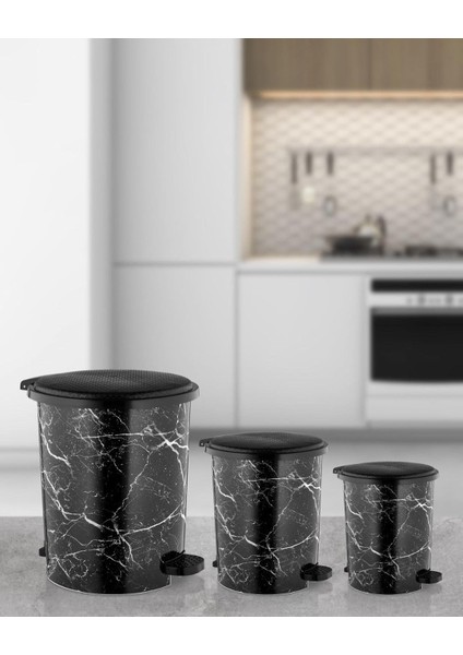 Desenli Pedallı Çöp Kovası Set- 8-12-22 Lt