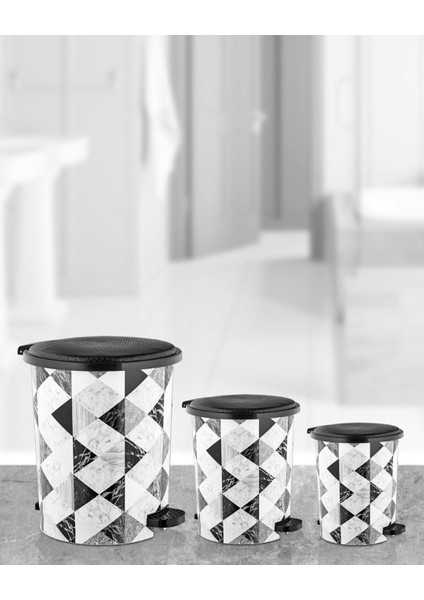 Desenli Pedallı Çöp Kovası Set- 8-12-22 Lt