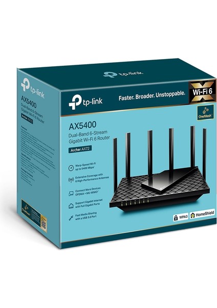 TP-Link Archer AX72, AX5400 Mbps, Fiber Destekli, 4×Gbps LAN Portlarıları, 100'den Fazla Cihazı Bağlayın,OFDMA ve MU-MIMO Destekli, Oyun için İdeal Xbox/PS/8K Yayın, Dual-Band Gigabit Wi-Fi 6 Router