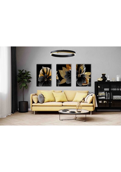 3 Parça Altın Çiçek Kanvas Tablo