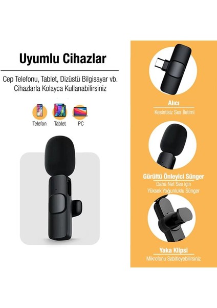 Polham Wireless Kablosuz Type C Yaka Mikrofonu, 20 Metre Mesafeli Canlı Yayın Yaka Mikrofonu, Tak Konuş