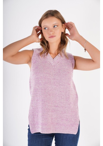 Selanik Örgü V Yaka Yün Süveter Bluz Örme Triko TRIST-6126