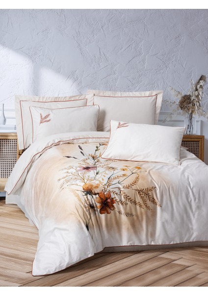 Çift Kişilik Elit Saten Nevresim Takımı Bouquet Ekru