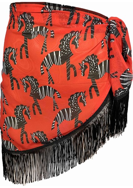 Amore Püsküllü Kırmızı Zebra Desen Pareo