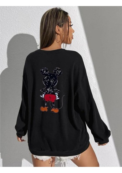 Afro Giyim Kadın Oversize  Ön Arka Mickey Mouse Baskılı Sweatshirt