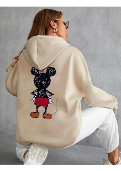 Kadın Oversize Kapşonlu Ön Arka Mickey Mouse Baskılı Sweatshirt Hoodie