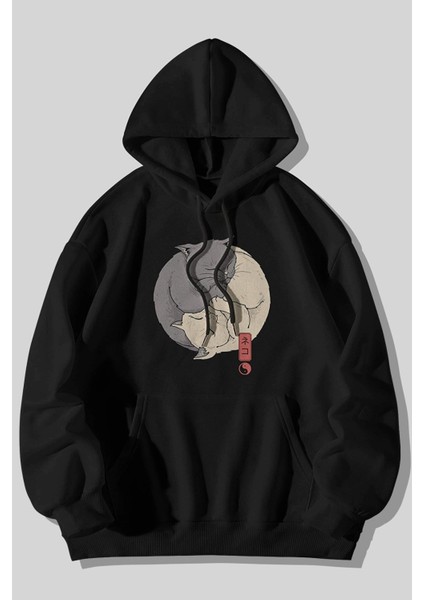 Afro Giyim Unisex Kapşonlu Oversize Ying Yang Kedi Baskılı Sweatshirt Hoodie