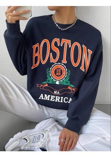 Afro Giyim Unisex Oversize Lacivert Boston America Sweatshirt