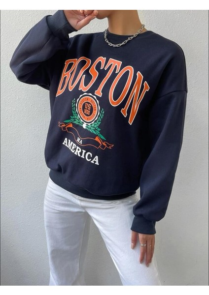 Afro Giyim Unisex Oversize Lacivert Boston America Sweatshirt