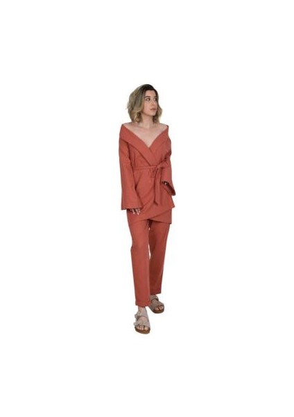 Dökümlü Keten Cepli, Kuşaklı Kimono-Kiremit Rengi