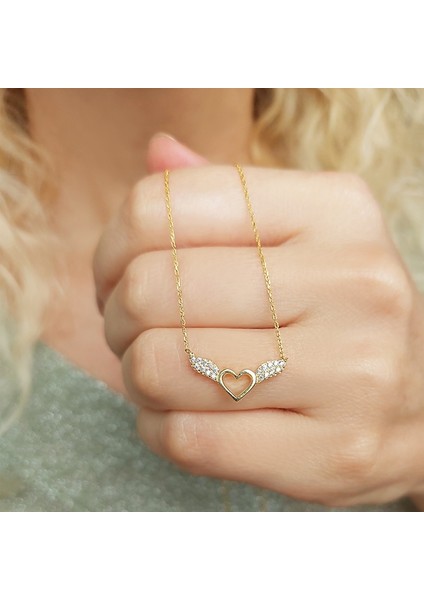 925 Ayar Gümüş Kadın Melek Kanatlı Kalp Kolye