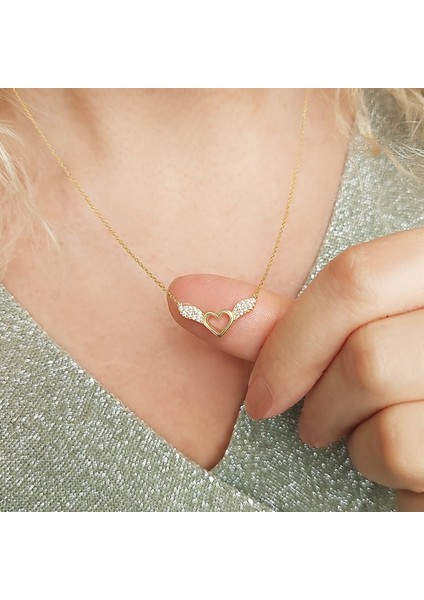 925 Ayar Gümüş Kadın Melek Kanatlı Kalp Kolye modelleri