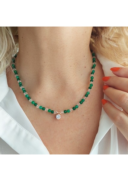 925 Ayar Gümüş Yeşil Jade Taşlı Tektaş Kolye