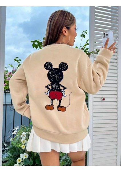 Kadın Oversize Ön Arka Mickey Mouse Baskılı Sweatshirt