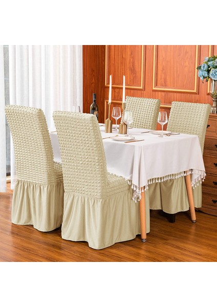 Sandalye Kılıfı Likralı Bürümcük Etekli Lastikli Yıkanabilir Sandalye Örtüsü 6 Adet Burumcuk Sütlü