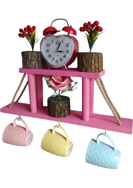 Ahşap Duvar Dekoru Çiçekliği Kupa Fincan Anahtarlık Askılığı 50*18 cm Çiçeksiz