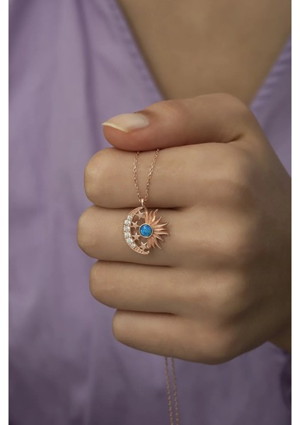 925 Ayar Gümüş Rose Kaplama Opal Taşlı Güneş Ay Kolye