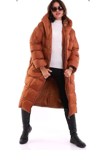 Kadın Kapüşonlu Uzun Versiyon Çift Cepli Oversize Şime Mont