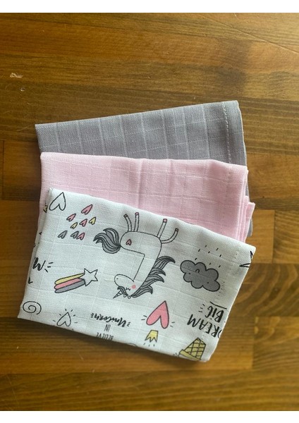 Muslin Kumaş %100 Pamuk Bebek Ağız Mendili Pembe Gri Rainbow 3 Adet (30X30 Cm)