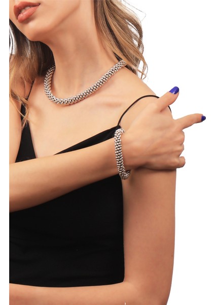 Kadın Antik Gümüş Kaplama Top Boncuk Kolye & Bileklik Set