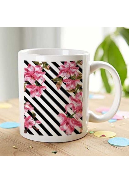 Çiçekli Çizgili Kupa Bardak