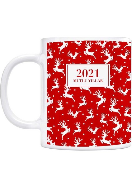 Yeni Yıl Kupa Bardak - Geyikli Kırmızı Zemin