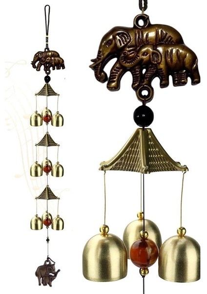 Feng Shui Metal Rüzgar Çanı Üç Katlı Bereket Filleri 9 Çan