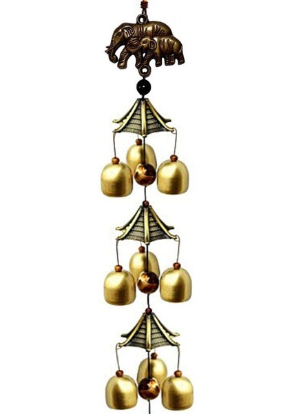 Feng Shui Metal Rüzgar Çanı Üç Katlı Bereket Filleri 9 Çan