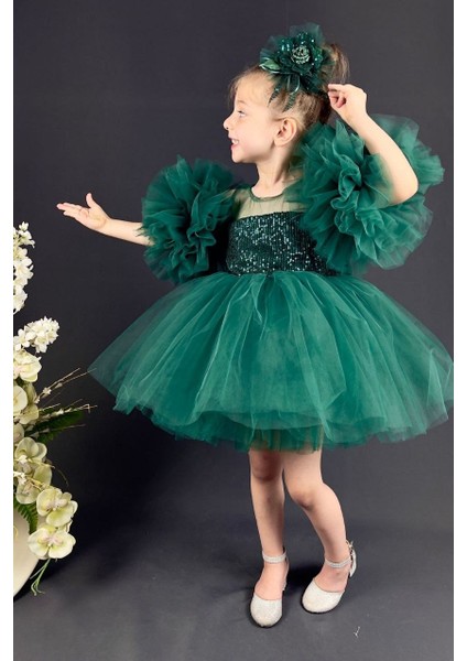 Yeşil Pullu Kol Detaylı Tarz Çocuk Abiye