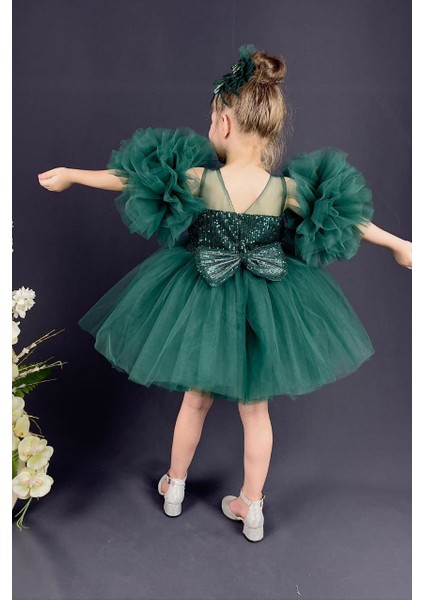 Yeşil Pullu Kol Detaylı Tarz Çocuk Abiye fiyatları