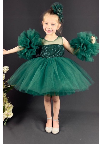 Yeşil Pullu Kol Detaylı Tarz Çocuk Abiye modelleri