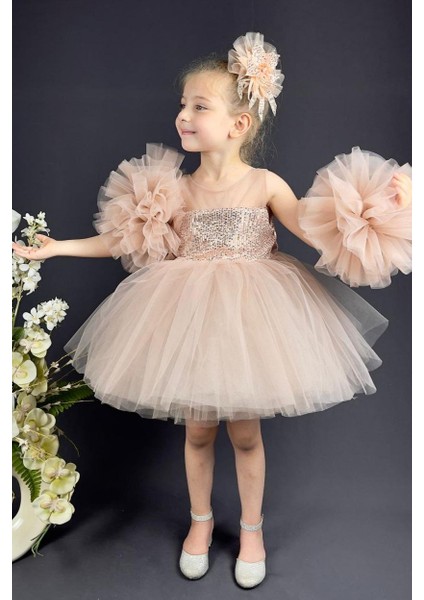 Pudra Pullu Kol Detaylı Tarz Çocuk Abiye ABY458 modelleri