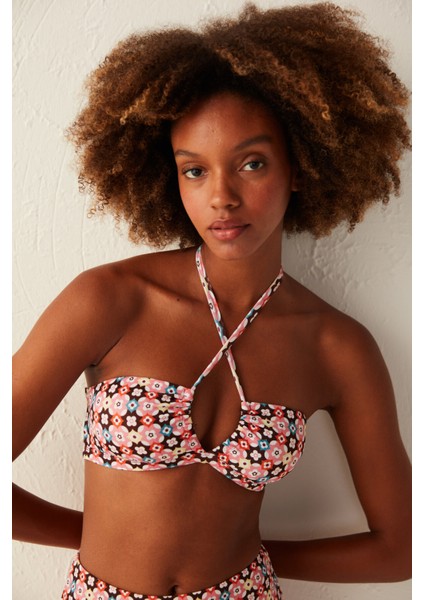 Çok Renkli Bohem Çiçek Desenli Straplez Bikini Üstü