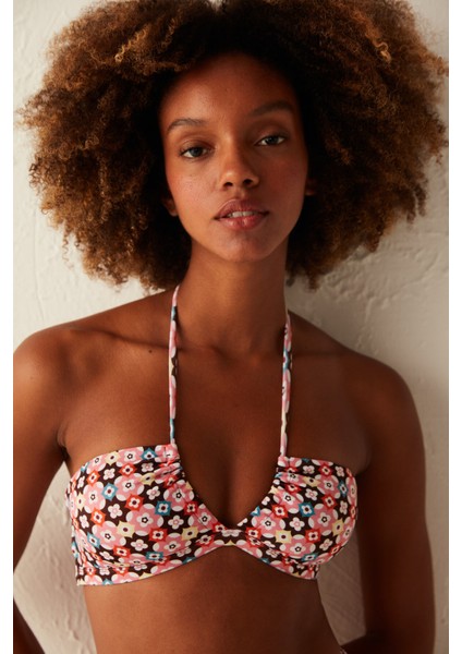 Çok Renkli Bohem Çiçek Desenli Straplez Bikini Üstü