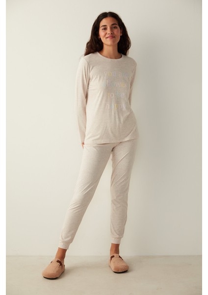 Bej Melanj Colorful Dots Cuff Pantolon Pijama Altı